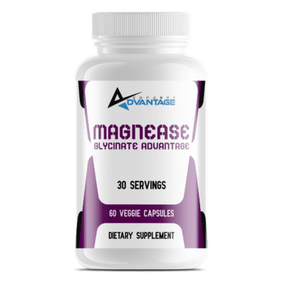 Bottle of Magnease Glycinate Advantage Premium Supplement for magnesium support and muscle relaxation. (Magnesium Glycinate)
