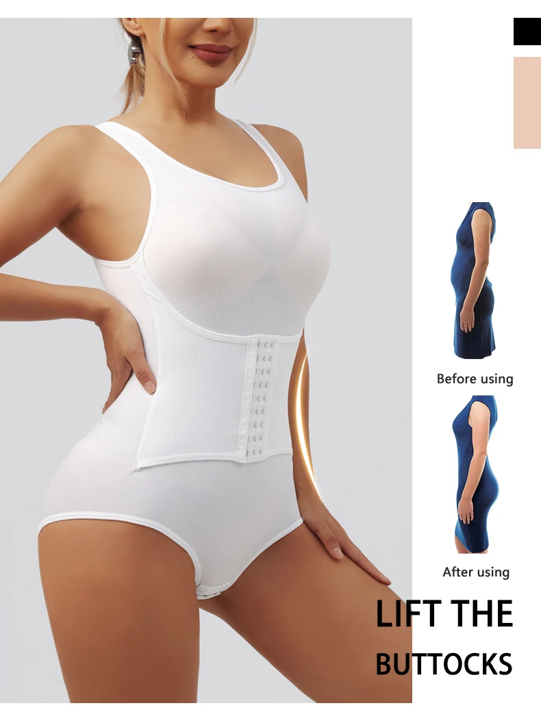 Women Bodysuit Shapewear with Zipper Belt Tummy Control Fajas Body Shaper Snap Crotch Waist Trainer Slimming Cincher Corset Tops