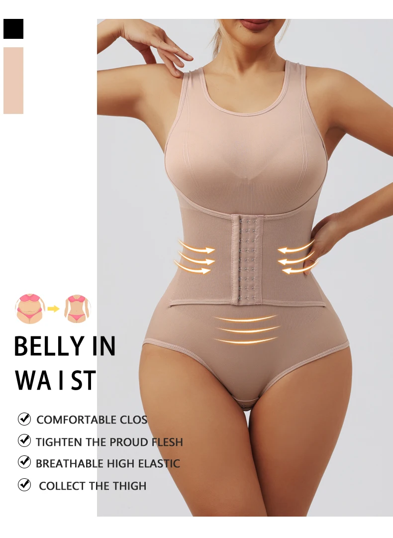 Women Bodysuit Shapewear with Zipper Belt Tummy Control Fajas Body Shaper Snap Crotch Waist Trainer Slimming Cincher Corset Tops